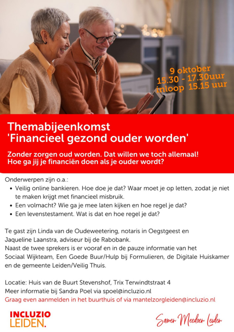 Flyer voor themabijeenkomst financieel gezond ouder worden