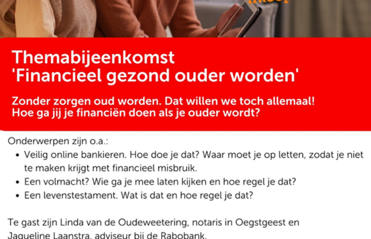 Flyer voor themabijeenkomst financieel gezond ouder worden