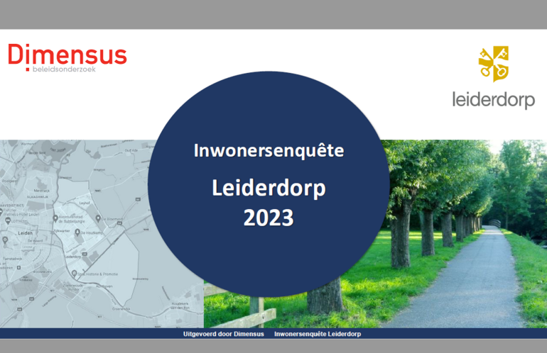 Foto en kaart van Leiderdorp met de tekst 'Inwonersenquête 2023'